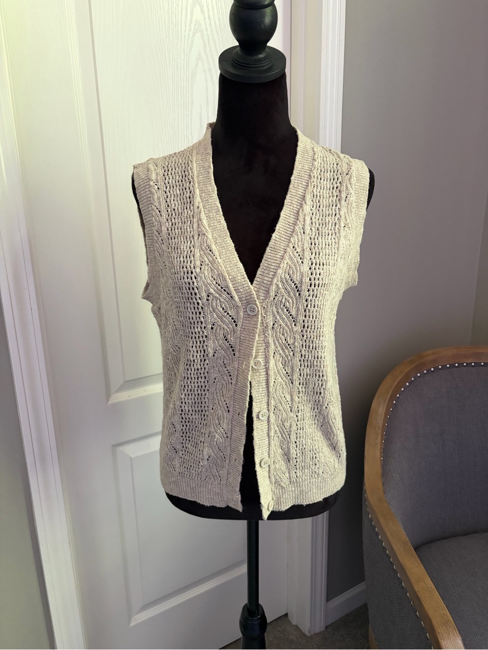 Cream Cable-Knit Button Front Sweater Vest